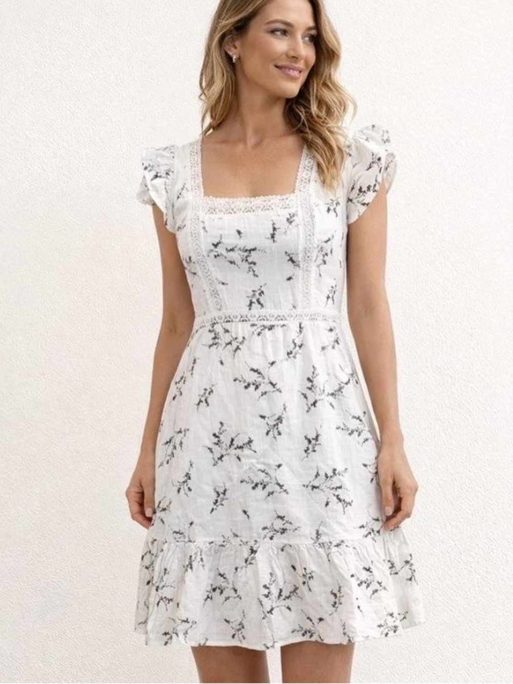 Altar’d State White & Black Floral Lace Trim Dress